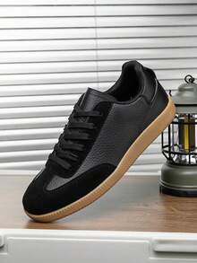 Men's Retro Black Training Casual Sports Shoes, Versatile Everyday Casual Sneakers, Lace-Up Flat Casual Shoes For Office And Commuting - Black - View 3
