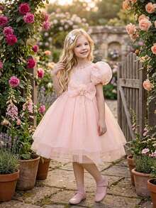 Young Girls Puff Sleeve Faux Pearl Rhinestone Sequin Embroidered 3D Flower Satin Starry Tulle Flower Girl Dress, Headband Not Included - Baby Pink - View 6