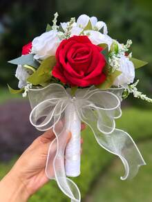 White Pearl Tulip Bridal Bouquet(8.66inch)With Pearl Decoration, Lace Bow Artificial Flower For Wedding Party Prom Gift - Multicolor - View 18