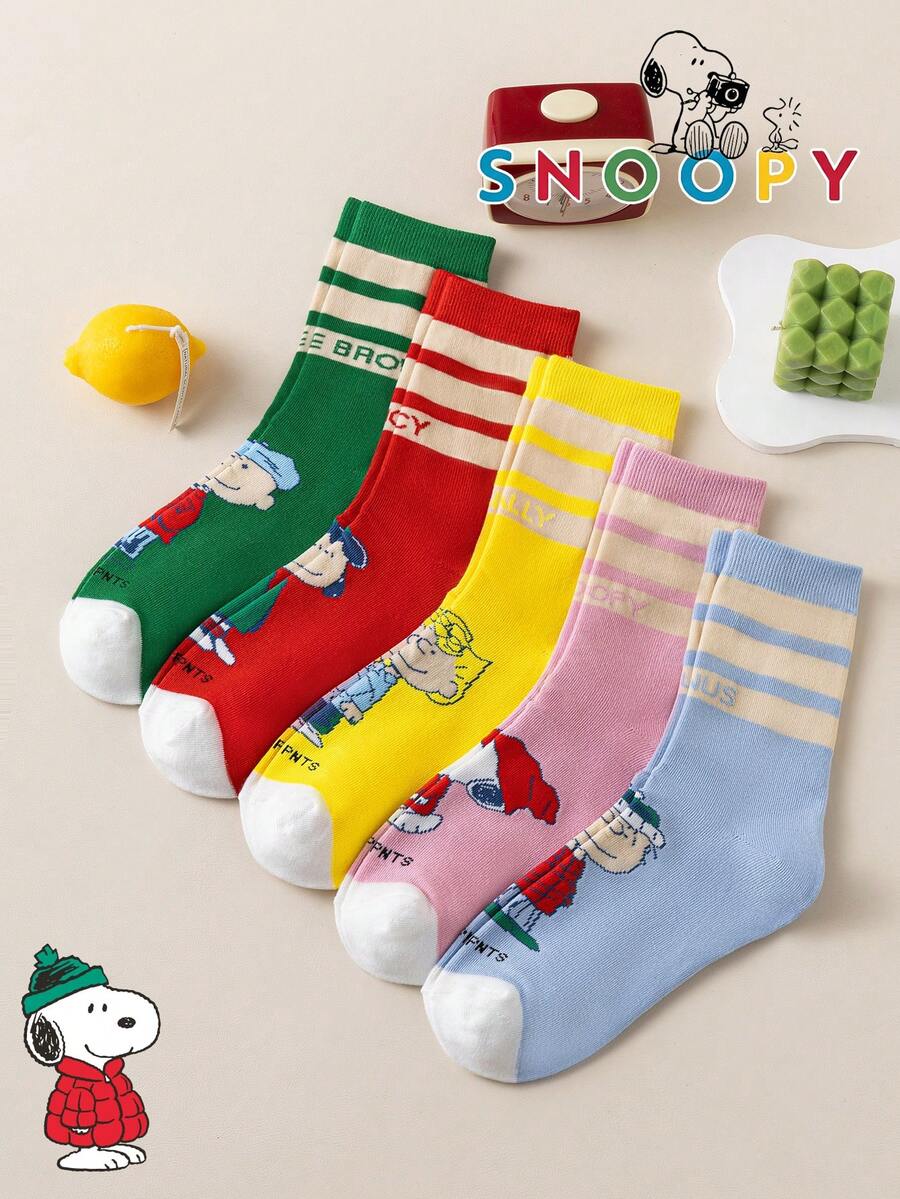 1/5/10雙 Snoopy 條紋小狗圖案彩色趣味女款中筒襪,有趣的聖誕禮物襪 - 彩色 - 查看 1
