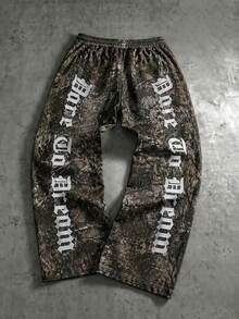 Zrgoth Men's Jungle Camo Gothic Font Print Loose Wide Leg Pants, Hip Hop Street Casual Long Pants - Black - View 3