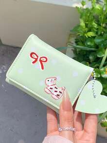 Sweet Polka‑Dot Bow And Dog Decor Pu Small Wallet, Heart Charm Card & Id Document Holder Purse, Cute Gift For Birthday Christmas Halloween For Girls - Multicolor - View 6