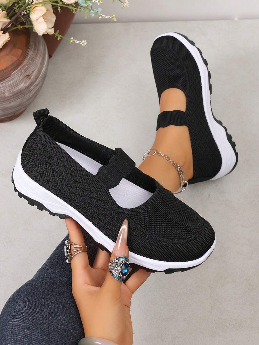 NOBLEARL Women's Mary Jane Knit Slip On Sneakers, Elastic Strap Flat Walking Shoes, Breathable Mesh Lightweight Casual Shoes - Black - View 1