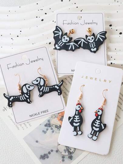 1 Pair Halloween Animal Skeleton Dangle Earrings, Dachshund Bat Chick Acrylic Earrings, Funny Scary Party Accessories For Women
