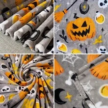 1pc Halloween Gray Background Pumpkin Skull Ghost Digital Print Flannel Blanket - Modern Style, Soft Comfortable Polyester Knitted Fabric For All Seasons, Multi-Purpose, Suitable For Sofa, Bed, Travel, Camping, Chair, Gift Blanket - Grey - View 4