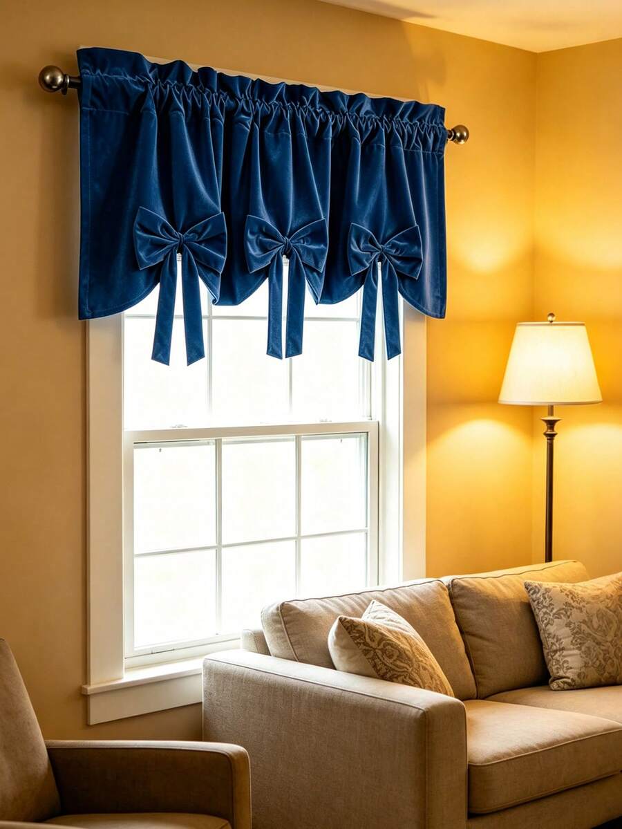 1PC New Red Bow Velvet Designer Decorative Small Window Curtain, Kitchen Multi-Purpose Translucent Curtain With Rod Pocket Design, Fresh Style Finished Rod-Through Short Curtain - Royal Blue - View 1