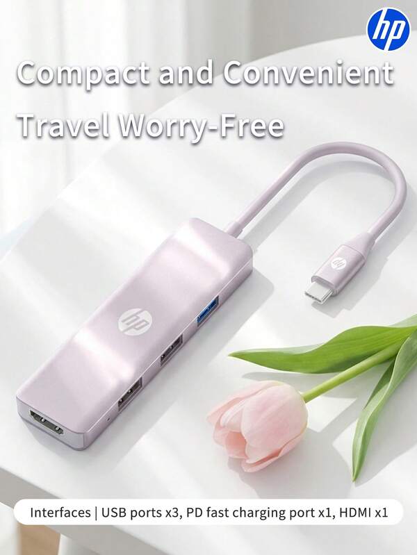 Hub USB HP (Con adaptador de carga/divisor Tipo-C), compatible con portátiles Apple, compatible con pantalla 4K y carga PD, estación de acoplamiento 5 en 1, rosa