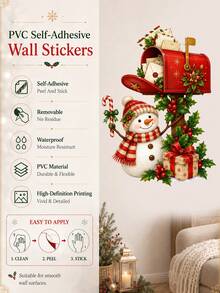 1pc Christmas Snowman & Mailbox Wall Sticker, Cute Snowman With Letters Holly & Gift Box Wall Decal, Self-Adhesive Removable Waterproof PVC Peel And Stick Wall Decor For Living Room Bedroom Entryway, Holiday Home Decoration - Christmas Snowman Mailbox Theme - View 3