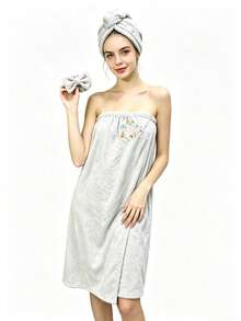 3 Pcs Towel Wrap For Women Shower Robe With Adjustable Closure, Bathrobe With Hair Drying Towel & Spa Wraps,Soft Absorbent Coral Fleece Towel Wrap For Women Lightweight Towel Wraps For Bath Shower - 3-piece Embroidered Bathrobe Set - View 12