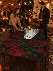 1pc Wrinkle-Resistant Rectangular Halloween Theme Elastic Tablecloth, Pumpkin & Skull Halloween Print Tablecloth, Reusable Party Tablecloth, Suitable For Outdoor Patio Dinner, Halloween Garden Party, Outdoor Autumn Holiday Decor - C - View 8
