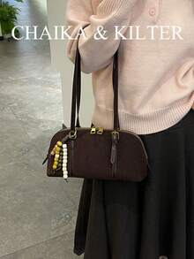 CHAIKA & KILTER 1件純色麂皮布料單肩包，女款復古時尚啞光貝殼包，對比色絎縫線條，雙手柄設計，拉鍊開合，適合日常與街頭使用（附吊飾） - 咖啡 - 查看 6