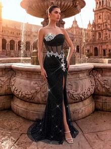LUVISTRUE Women's Elegant Rhinestone Mermaid Formal Evening Gown, Strapless Bridesmaid Ball Wedding Guest Spring/Summer Cocktail Party Gala Long Dress Fall - Black - View 6