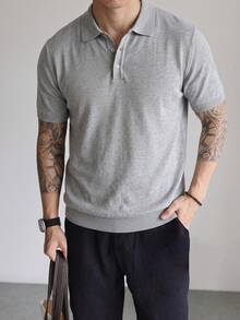 Men's Solid Color Knit Polo Short Sleeve Heather Grey Turn Collar Minimalist Basic Business Casual Knit Sweater - Grey - View 6