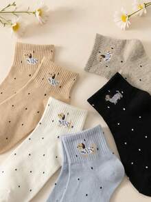 5雙可愛臘腸狗波點中筒襪女款，日系卡通刺繡透氣百搭日常襪 - 彩色 - 查看 3