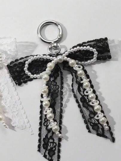 1pc Black Faux Pearl Lace Bow Keychain Pendant