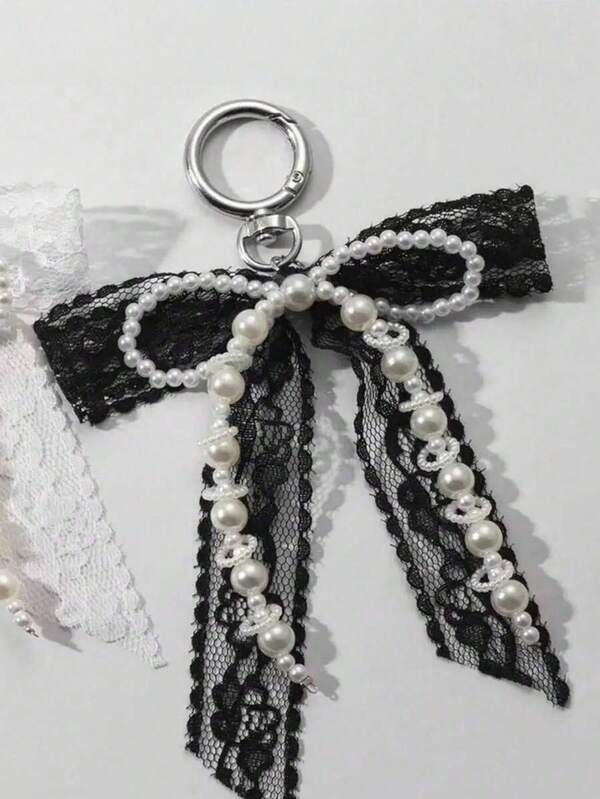 1pc Black Faux Pearl Lace Bow Keychain Pendant