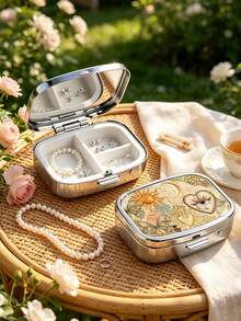 Square Metal Portable Jewelry Box With Classical Sun And Moon Patterns, 2-Compartment Organizer, Vintage Pattern Jewelry Storage Box, Suitable For Vitamins, Earrings, Rings, Travel Bag Pocket Storage, Ideal For Daily Use, Weekend Trips, Wedding Occasions, Outdoor Carry, Birthday, Bridesmaid, Jewelry Lover Gifts - Multicolor - View 2