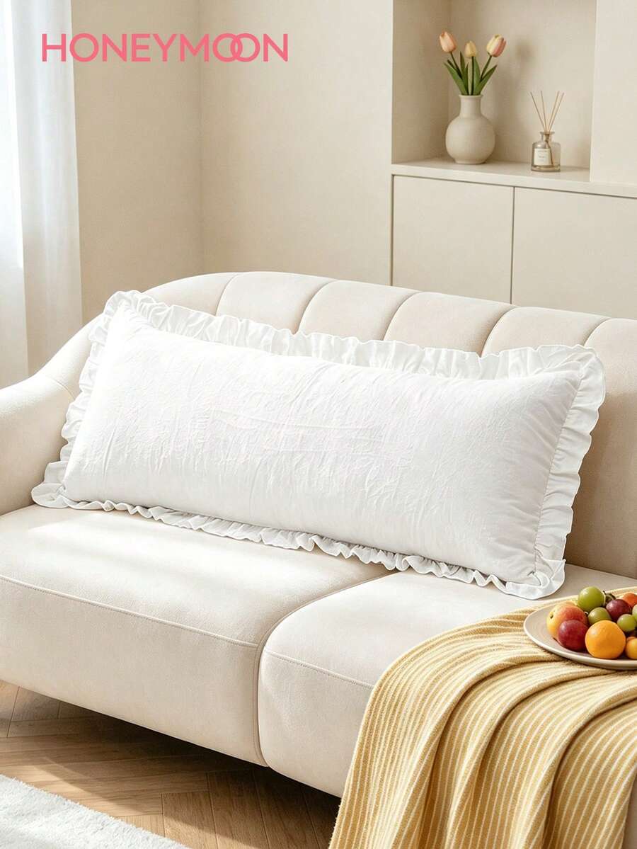 HONEYMOON 1pc Solid Color Long Pillowcase With Ruffles-100% Polyester Pre-Washed Fabric Romantic French Style Pillow Cover, Soft And Breathable, Wrinkle Resistant, No Filler-For Home Dorm Sofa, White - White - View 1