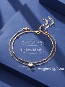 Nooxian 2pcs/Set Minimalist Vacation Style Heart Double Layer Stackable Chain Anklet Set For Women - Yellow Gold - View 7