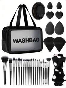 33Pcs/6pcs Black Makeup Brush Set Makeup Brushes Cosmetic Sponges Triangle Powder Puffs Heart Powder Puffs Brush Cleaner Bowl Wrist Headband Cosmetic Storage Bag Complete Makeup Tool Kit For Beginners - Black - View 10