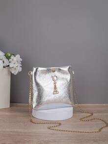 Damen Metallic Crackle Polyester Ketten Umhängetasche, modische Perlen Dekor Schultertasche, Gold Silber Farboptionen, lässige tägliche Party Handtasche - Gold - Übersicht 9