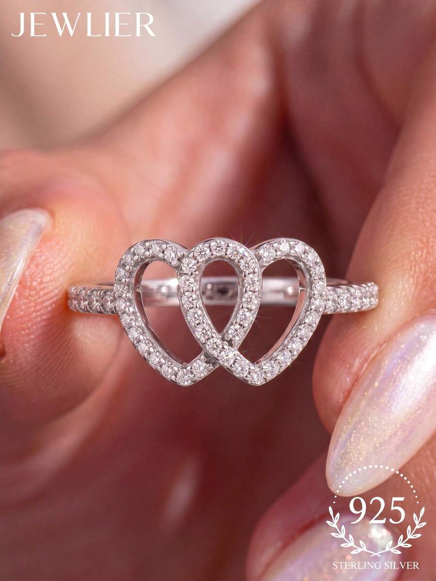 1 buah cincin hati ganda perak sterling 925, bertatahkan berlian berbagai ukuran, cocok untuk dikenakan oleh gadis dan wanita modern, pilihan ideal sebagai hadiah kencan atau perhiasan mewah.