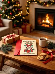 8pcs/4sets, 2sets, 1set Christmas Greeting Cards With Envelopes, Humorous Christmas Card With Santa Claus - "Working With Me Every Day Is Your Gift" Message, Red & Green Holiday Design, Suitable For Office Party Team Appreciation Or Secret Exchange, Christmas Holiday Workplace Party Decoration - A - View 8
