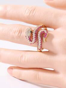 Gmzalx Light Luxury Exaggerated Snake Wrap Ring For Women, Shiny Gold Tone With Pink And White Synthetic Cubic Zirconia, Suitable For Daily Wear And Party Occasions, Great Gift - Color - View 5