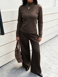 Averia Women's Minimalist Chic Brown Turtleneck Ribbed Slim-Fit Long Sleeve Basic Sweater, Elegant Minimalist Business Daily Outing Top, Fall Winter - Brown - View 3