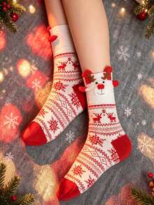 1/3/6 Pairs Of Women's Socks - Multi-Color Cartoon Reindeer 3D Design Fleece Polka Dot Texture Contrast Christmas Soft And Comfortable Mid-Calf Casual Socks For All Seasons - Multicolor - View 9