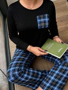 Women's Plus Size Pajama Set, Plaid Pocket, Long Sleeve Long Pants Loungewear Set, Autumn/Winter Clothing - Blue - View 1