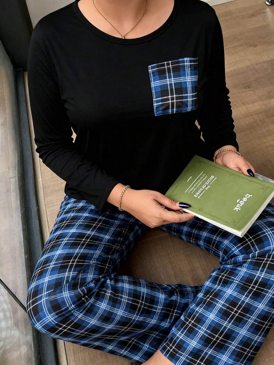 Women's Plus Size Pajama Set, Plaid Pocket, Long Sleeve Long Pants Loungewear Set, Autumn/Winter Clothing - Blue - View 1