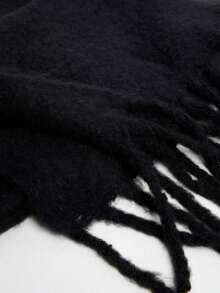 1pc Women's Long Solid Color Plush Scarf, Winter Warm Neck Protection, Black Thick Shawl-Style Tassel Warm Scarf - Black - View 5
