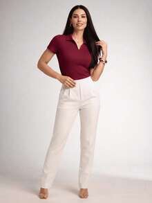 Camiseta Gola Polo Feminina Manga Curta Em Ribana Canelada Algodão Premium Elegante Leve Seca rápido - Vinho - Visão 1