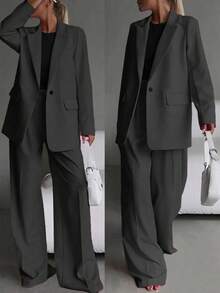Women Oversized Lapel Blazer & High Waist Wide Leg Pants 2 Pieces Suit Set, Elegant Loose Business Casual Matching Outfit - Dark Grey - View 2
