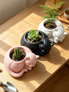 3D Printed Cute Sleeping Cat Shaped Planter, Creative Animal Succulent Pot Container, Balcony Window Sill Decor Art Flower Pot Ornament - A - View 3