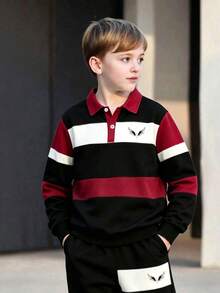 Boys' Spring/Autumn 2 Pieces Set, Colorblock Wide Striped Polo Collar Sweatshirt And Jogger Sweatpants, Kids' Sports Outfit - Burgundy - View 5
