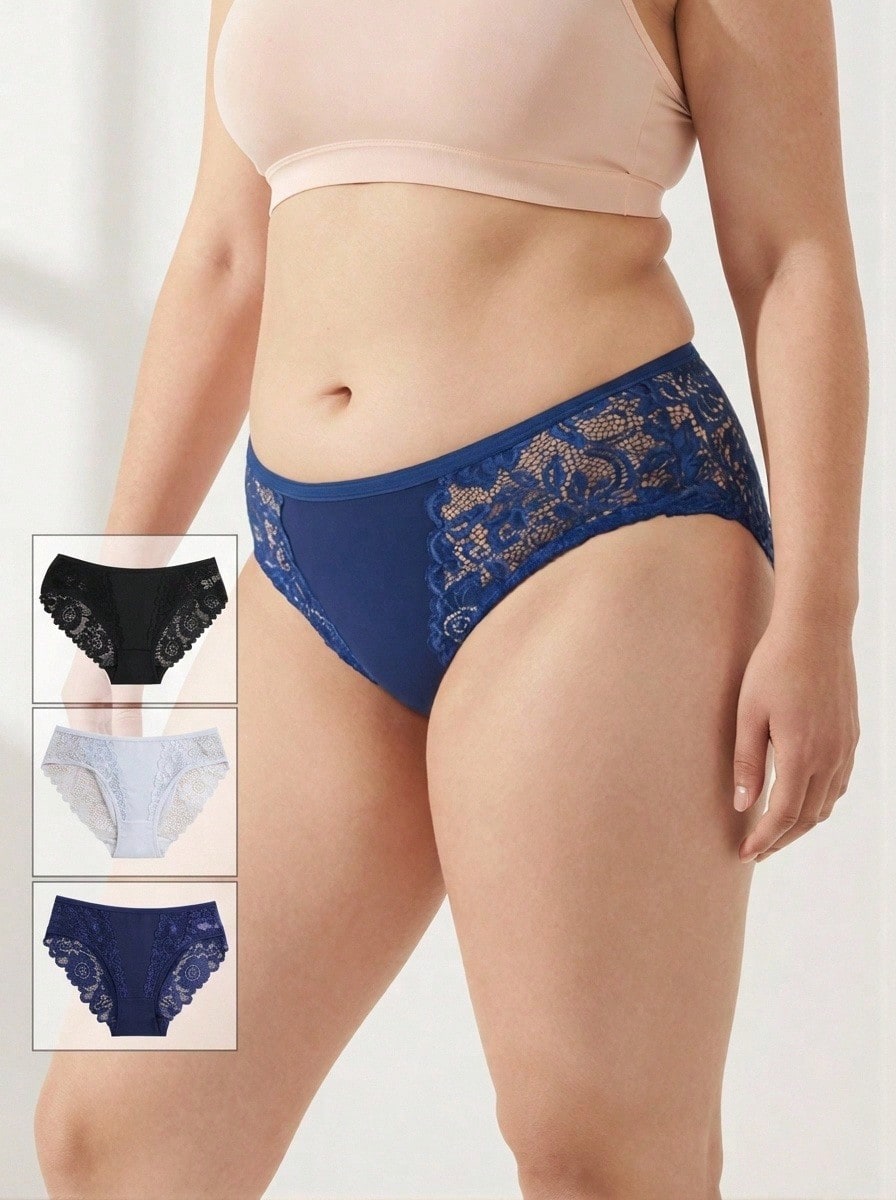 Rosiemei 3pcs Set Romantic Style Comfortable Plus Size Women Contrast Lace Cotton Briefs - Multicolor - View 1
