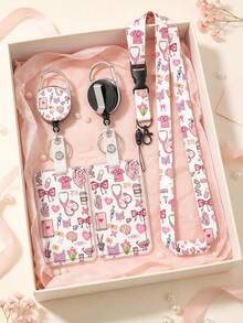 Medical Element Cartoon Card Holder Set, Pink Medical Pattern Acrylic Badge Holder, With Retractable Lanyard And Long Strap, Nurse Student ID Card Holder, Anti-Loss Portable, Fresh Sweet Style, Suitable For Commute, Work, Campus Use, Recommended Gift For Family, Friends, Colleagues - Multicolor - View 1