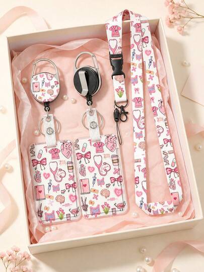 Medical Element Cartoon Card Holder Set, Pink Medical Pattern Acrylic Badge Holder, With Retractable Lanyard And Long Strap, Nurse Student ID Card Holder, Anti-Loss Portable, Fresh Sweet Style, Suitable For Commute, Work, Campus Use, Recommended Gift For Family, Friends, Colleagues