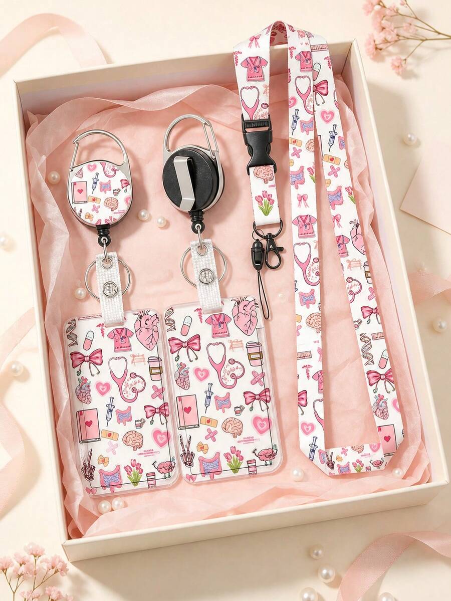Medical Element Cartoon Card Holder Set, Pink Medical Pattern Acrylic Badge Holder, With Retractable Lanyard And Long Strap, Nurse Student ID Card Holder, Anti-Loss Portable, Fresh Sweet Style, Suitable For Commute, Work, Campus Use, Recommended Gift For Family, Friends, Colleagues - Multicolor - View 1