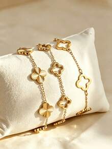3pcs/1pc 18K Gold Plated Clover & Flower Pattern Stainless Steel Stackable Bracelet, Suitable For Women's Daily Wear, Work Occasions Or Casual Occasions - Gold - View 1
