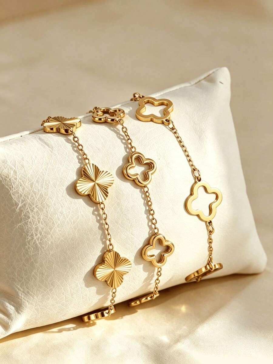 3pcs/1pc 18K Gold Plated Clover & Flower Pattern Stainless Steel Stackable Bracelet, Suitable For Women's Daily Wear, Work Occasions Or Casual Occasions - Gold - View 1