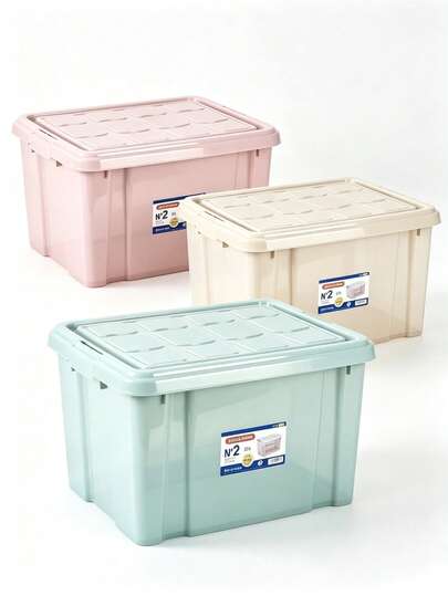 Caixas organizadoras de plástico de 25L/4L com tampas, empilháveis e transparentes, ideais para guardar roupas no quarto, armário, escritório e em casa. Leves e portáteis, disponíveis em quatro cores: rosa, transparente, bege e verde menta.