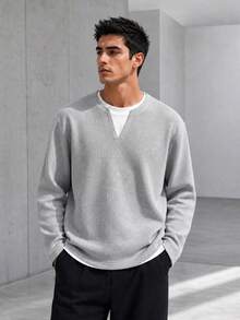 Blueprint Man 1pc Men's Gray 2 In 1 Henley Collar Long Sleeve Sweatshirt, Fine Vertical Textured Fabric, Soft And Breathable, Unique Small V-Neckline For Layered Look, Solid Color Minimalist Style, Suitable For Commuting, Daily Wear And Travel - Grey - View 4