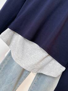 Atasan Wanita Desain 2 In 1 Slim Fit Berkerudung, Kaos Lengan Panjang Lapisan Dasar Musim Gugur dengan Bahu Reguler - Navy Blue - View 5
