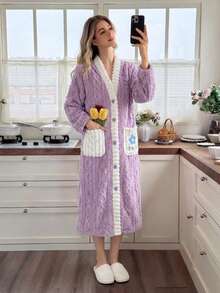 1pc Autumn/Winter Long Thermal Lined Thickened Bathrobe, Contrast Color With Pockets, V-Neck Button, Sweet Cute Elegant Home Casual Wearable Flannel Robe For Couples And Women - Mauve Purple - View 5