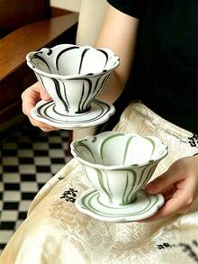 1pc Hand-Painted Striped Ceramic Coffee Dripper, Manual Pour-Over Coffee Filter, Shared Pot Dripper Filter Cup, Reusable Cone-Shaped Manual Pour-Over Coffee Tool, Coffee Accessory - Multicolor - View 2