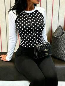 SuofeiMan Women's Casual Polka Dot Raglan Long Sleeve Cropped Top, Round Neck Knit Fabric T-Shirt, Suitable For Autumn/Winter, Slim Fit - Black - View 1