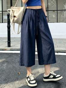 Women's Cropped Length Wide Leg Pants, Summer New Elastic Waist Drawstring Lightweight Breathable, Slouchy, Loose Versatile Casual Pants, Suitable For Daily Wear - Navy - View 1